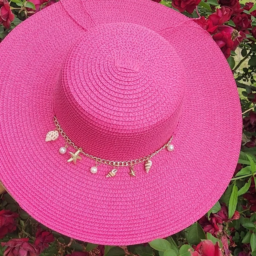 Elegant Pink Sun Hat with Decorative Chain - Picture 2 of 3